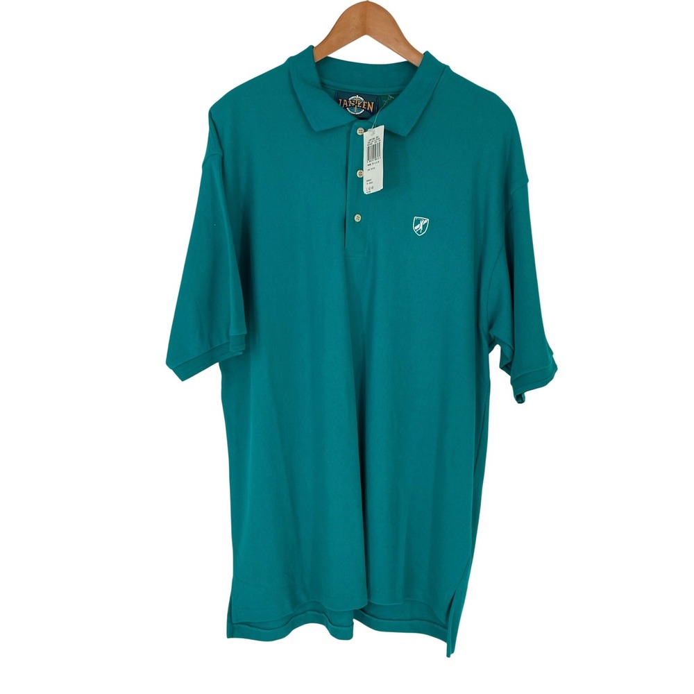 NWT Jantzen‎ Mens Polo Shirt L Short Sleeve Teal Green Golf Crest Pique Cotton